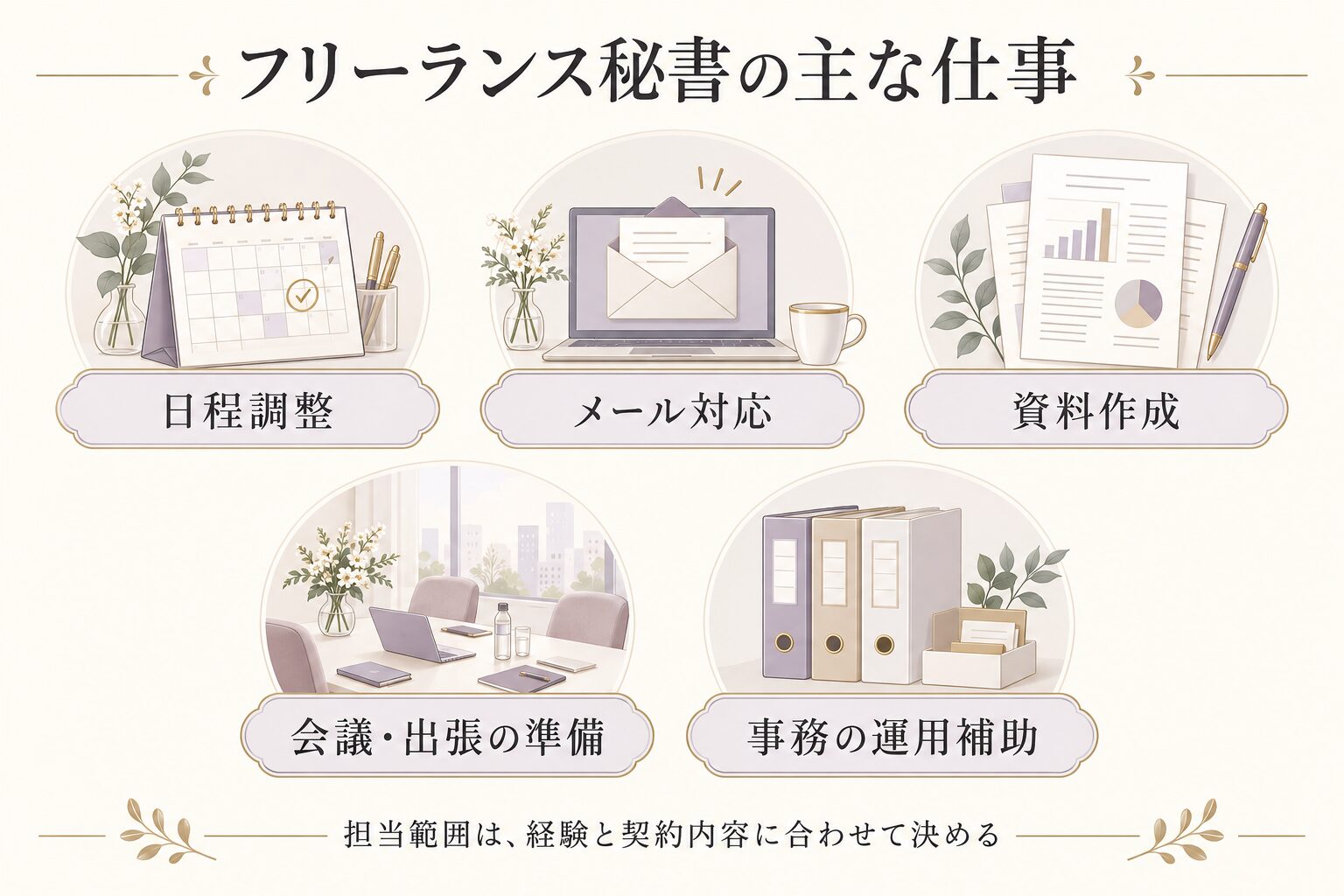 フリーランス秘書の主な仕事：日程調整、メール対応、資料作成、会議・出張の準備、事務の運用補助