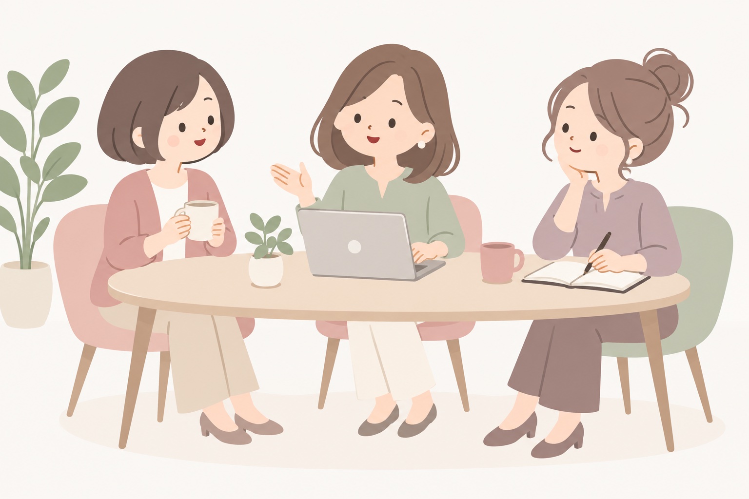 ノートやパソコンを囲み、仲間と学び合う女性たちのイラスト