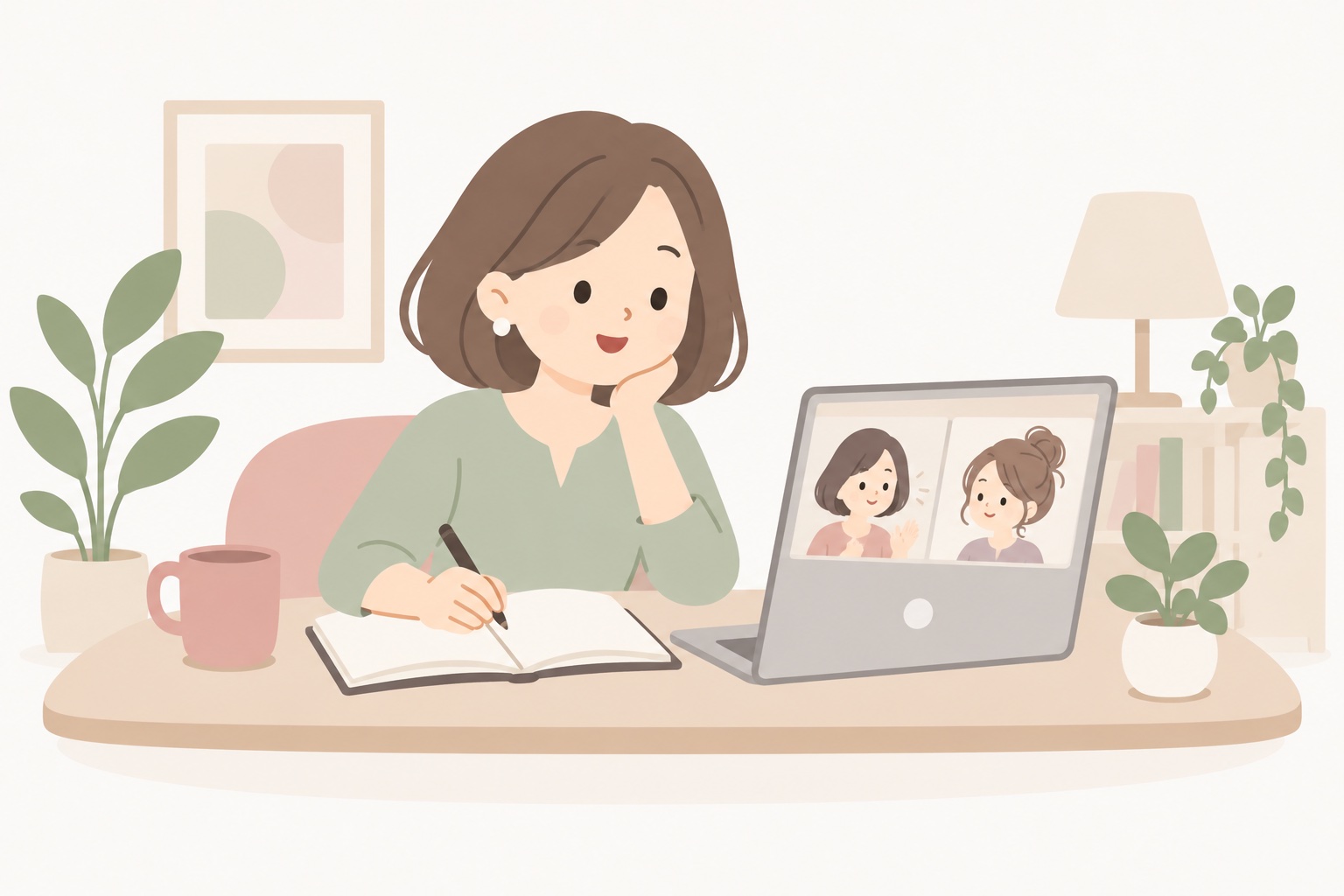 自宅からオンラインの学びに参加し、ノートを取る女性のイラスト